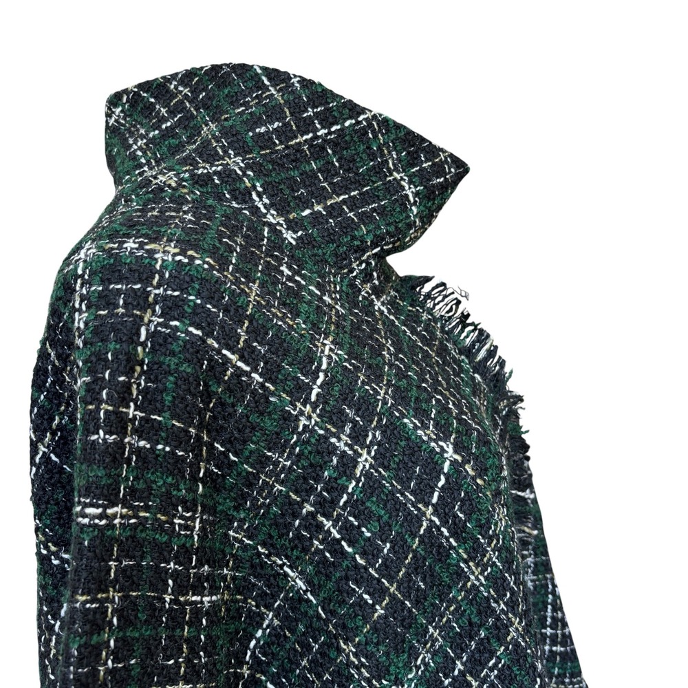 Zara Black Green Plaid Tweed Cropped Sweater Top Fringe Sz M - Picture 3 of 10